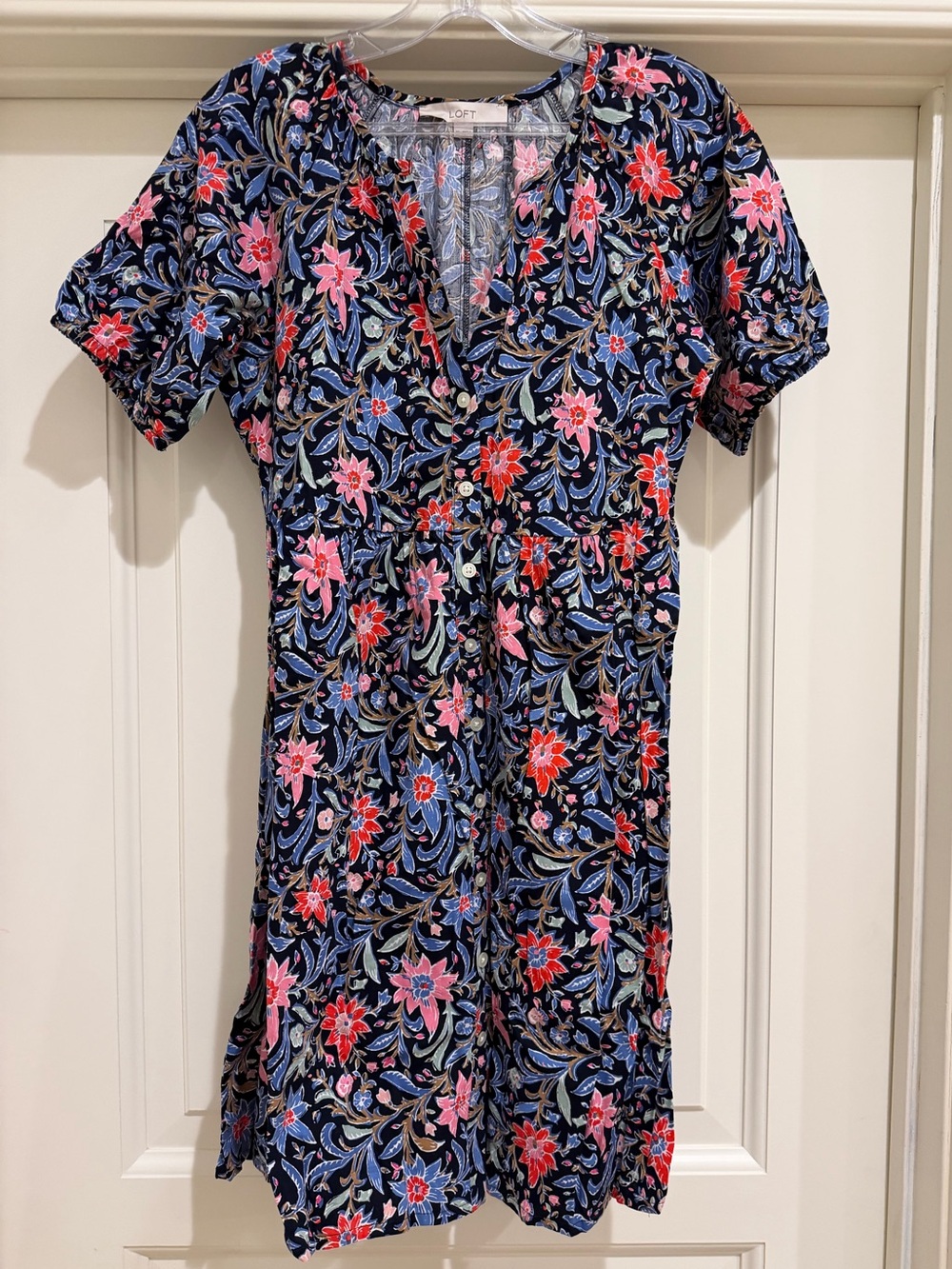 LOFT Floral Button Front Midi Dress Navy Pink Blue XS